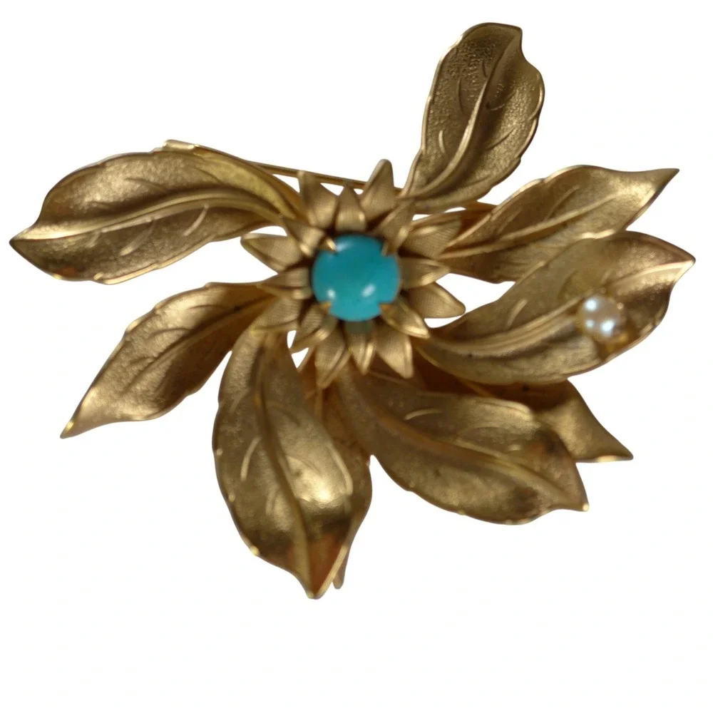 Floral Brooch Gold Tone Turquoise Faux Pearl Textured Leaf Pin Vintage 2.25